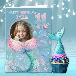 One Photo Mermaid Tail 11th Birthday Card
