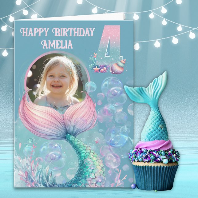 One Photo Mermaid Tail 4th Birthday Card (Creator Uploaded)