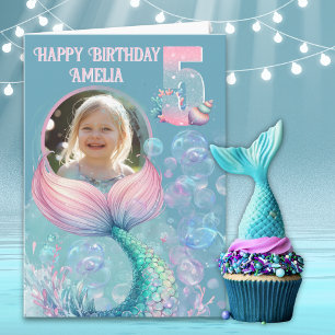 One Photo Mermaid Tail 5th Birthday Card
