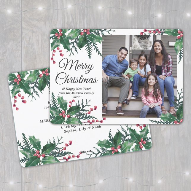 One Photo Merry Christmas Botanical Holly Greenery Holiday Card (Creator Uploaded)