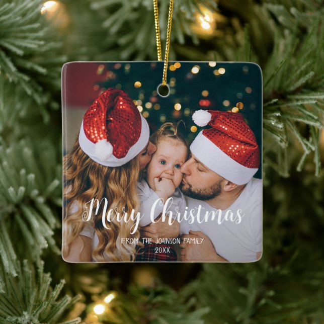 One photo Merry Christmas calligraphy text white  Ceramic Ornament (Tree)