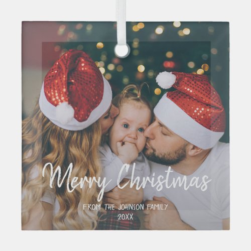One photo Merry Christmas family modern text  Glass Ornament