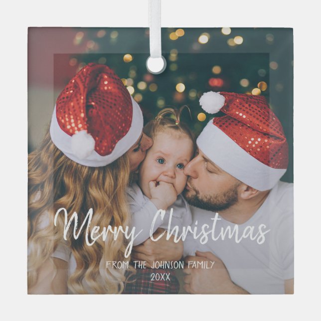 One photo Merry Christmas family modern text  Glass Ornament (Front)