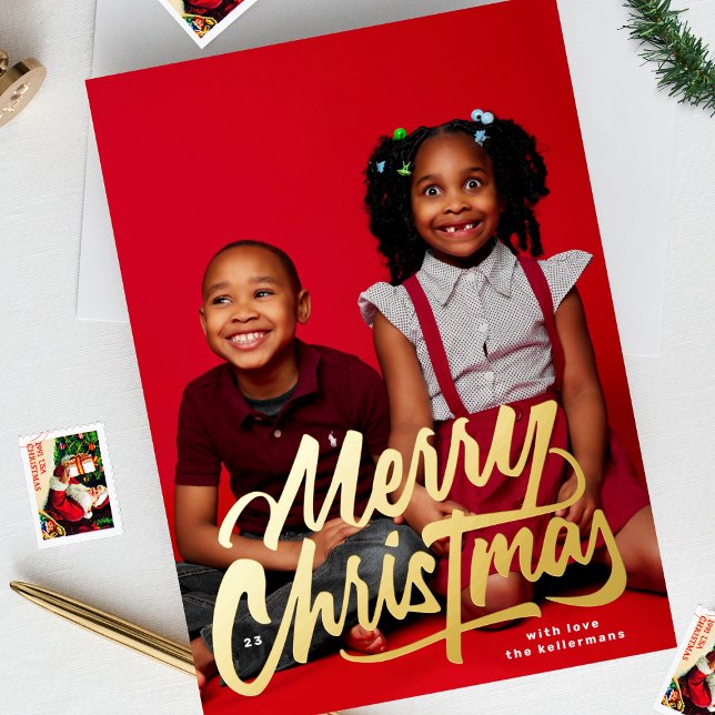 One Photo Merry Christmas Typography SIMPLE GOLD Foil Holiday Card (Creator Uploaded)