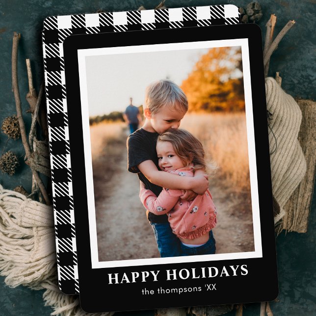 One Photo Minimalist Modern Buffalo Plaid Tartan Holiday Card (Creator Uploaded)