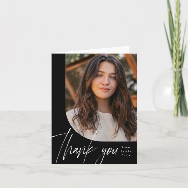 One photo modern black brush script graduation letterpress thank you card (Front)