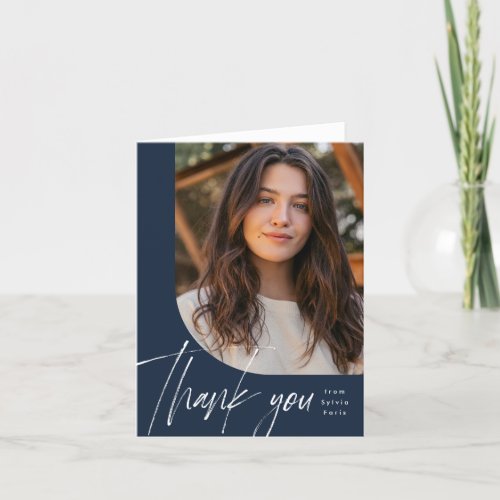 One photo modern navy brush script graduation thank you card