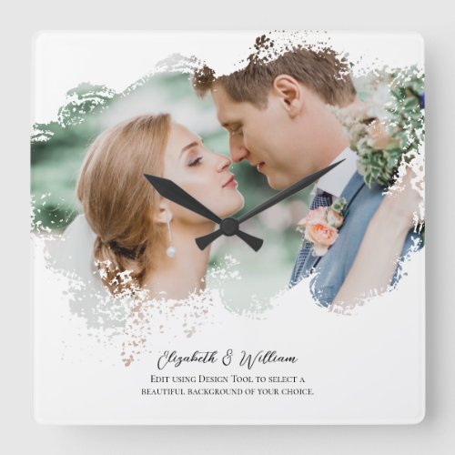 One Photo Overlay Simple Frame Newly Weds Square Wall Clock