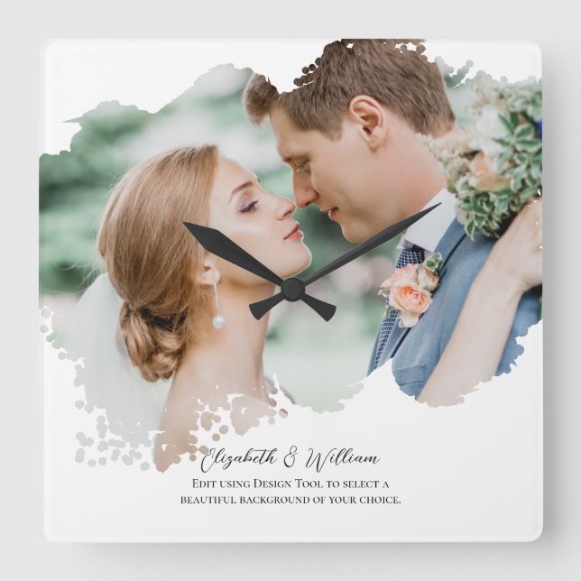 One Photo Overlay Simple Frame Newly Weds Square Wall Clock (Front)