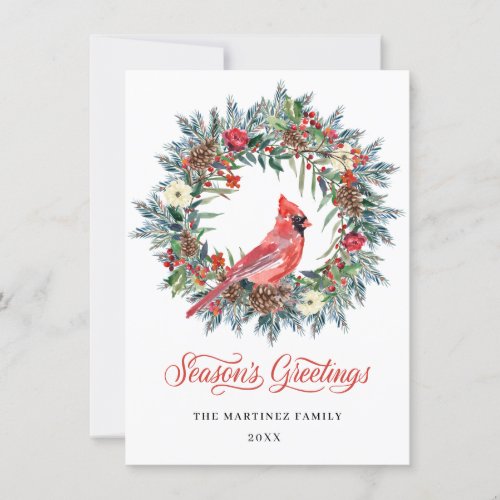 ONE PHOTO Pine Holly Christmas Wreath Red Cardinal Holiday Card