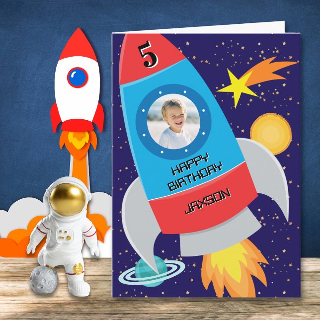 One Photo Rocket Fifth Birthday Card (Creator Uploaded)