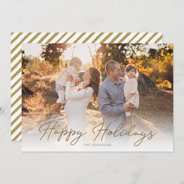  One Photo Rustic Gold Script Happy Holiday Card (Front/Back)