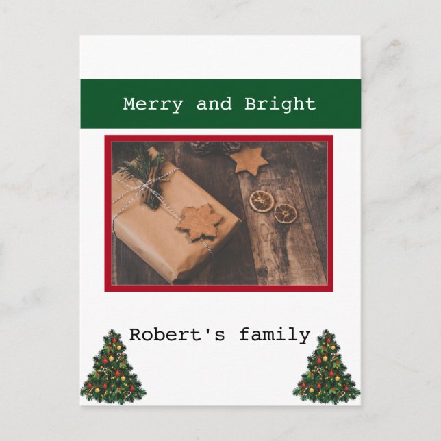 One photo simple red green merry christmas holiday postcard (Front)