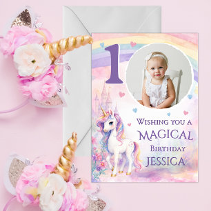 One Photo Unicorn 1st Birthday Card