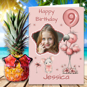 One Photo Whimsical Flamingo 9th Birthday Card