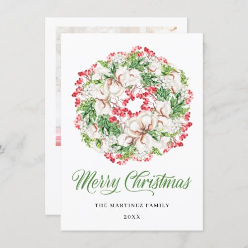 ONE PHOTO White Floral Christmas Wreath 2022 Holiday Card