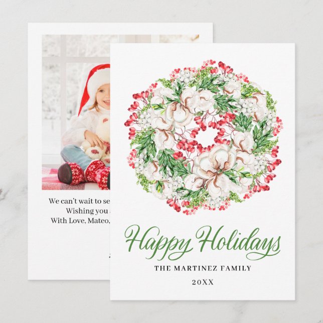 ONE PHOTO White Floral Christmas Wreath 2022 Holiday Card (Front/Back)
