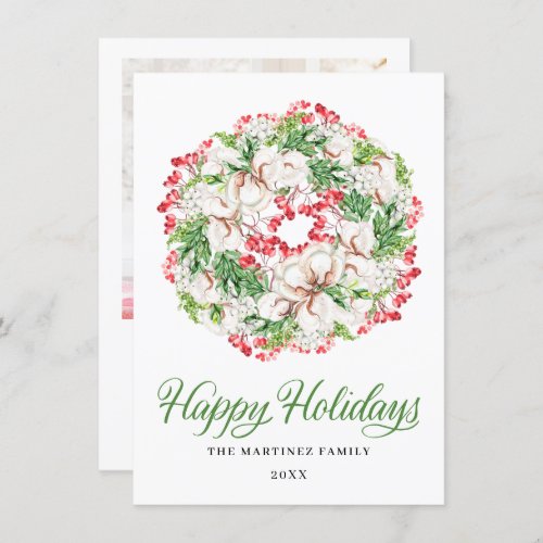 ONE PHOTO White Floral Christmas Wreath 2022 Holiday Card