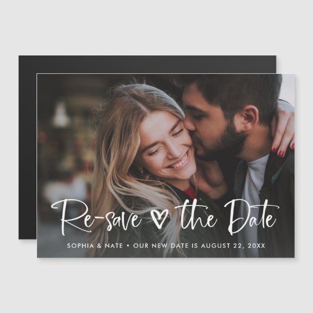 One Photo | White Heart and Script Change the Date Magnetic Invitation (Front/Back)