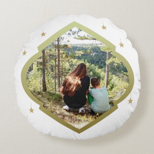 One-photo With Golden Frame And Stars Round Pillow (Front)