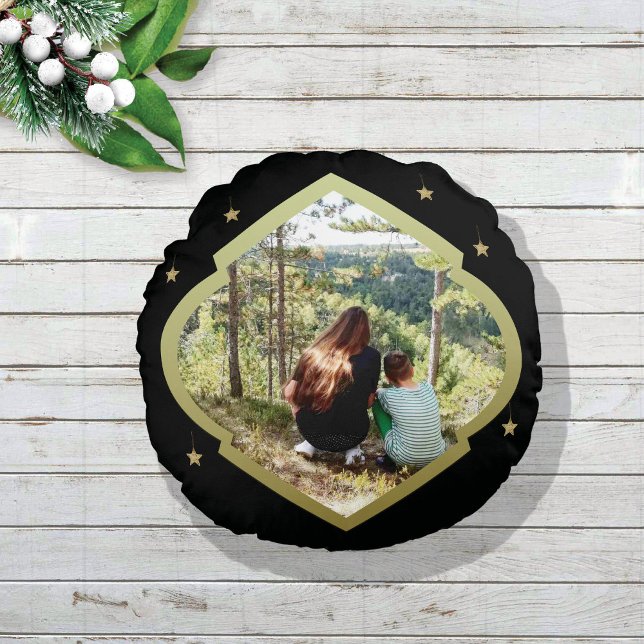 One-photo With Golden Frame And Stars Round Pillow (Creator Uploaded)