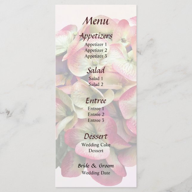 One Pink and White Hydrangea Wedding Menu (Front)