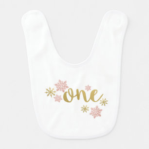 ONE PINK GOLD SNOWFLAKE BIRTHDAY FIRST BIB