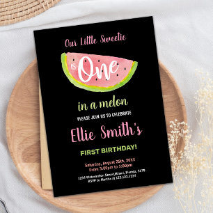 One Pink Green Watermelon Birthday Invitations
