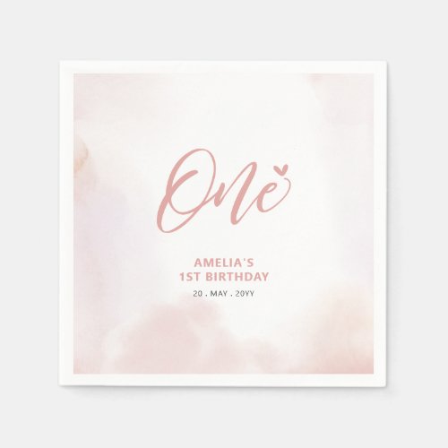 One  Pink Heart  Watercolor Girl 1st Birthday Napkins