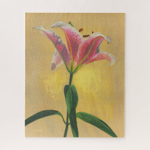 One Pink Lily Acrylic Painting Gold Background Jigsaw Puzzle