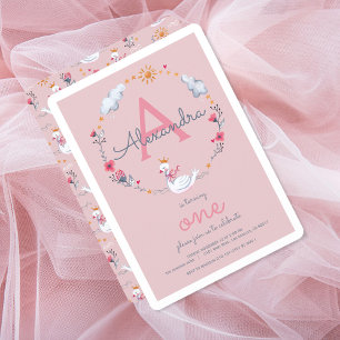 One pink swan monogram girl birthday party invitation