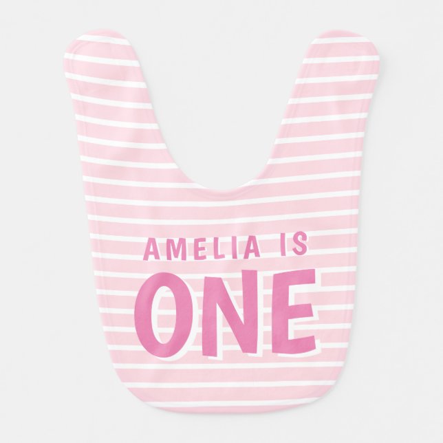  One Pink White Stripes 1st Birthday Baby Bib (Front)