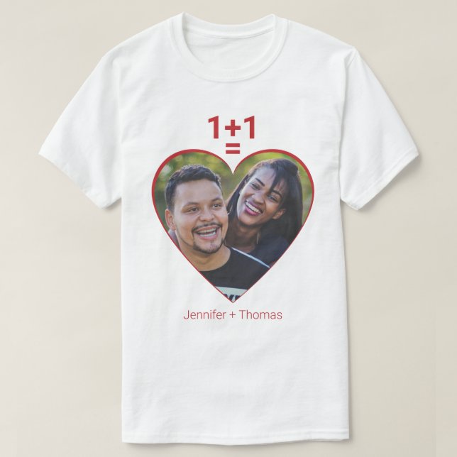 One Plus One Equals Love, Red Heart, Custom Image T-Shirt (Design Front)