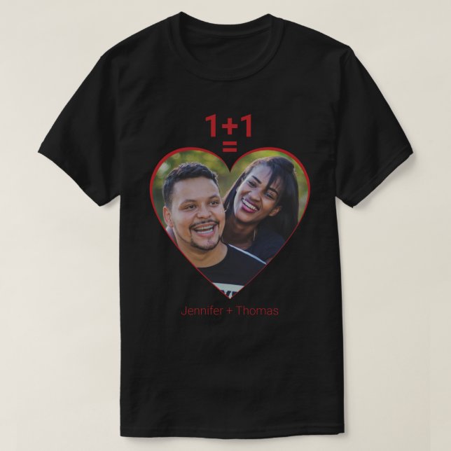 One Plus One Equals Love, Red Heart, Custom Photo T-Shirt (Design Front)