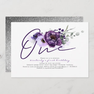 One Purple Flowers 1st Birthday Party Invitation