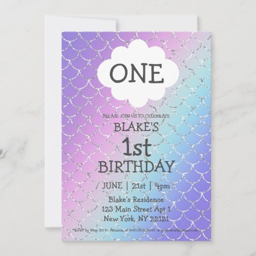 One Purple Rainbow Mermaid Girl First Birthday Invitation