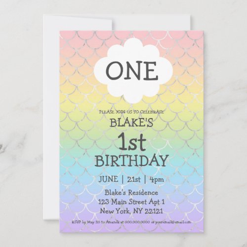 One Rainbow Mermaid Girl First Birthday Invitation