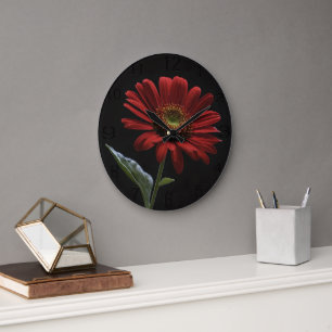 One Red Daisy Left Side On Black, Large Clock