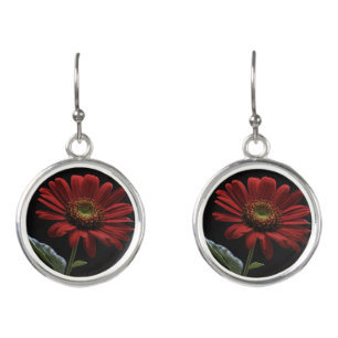 One Red Daisy On Black Left Side, Earrings