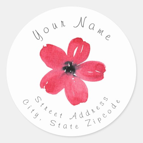 One Red Five Petal Watercolor Flower Label