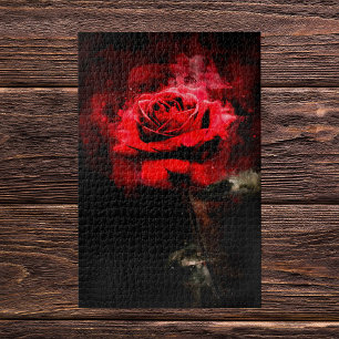 One Red Rose Watercolor on Black Background Jigsaw Puzzle