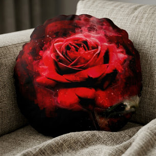 One Red Rose Watercolor on Black Background Round Pillow