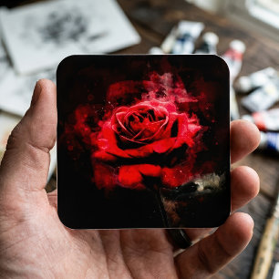 One Red Rose Watercolor on Black Background Square Sticker