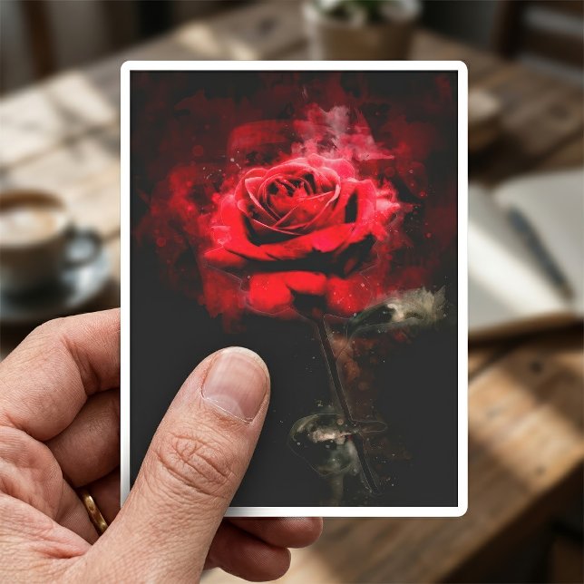One Red Rose Watercolor on Black Background Sticker (One Red Rose Watercolor on Black Background. Sticker)