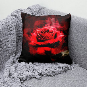 One Red Rose Watercolor on Black Background Throw Pillow