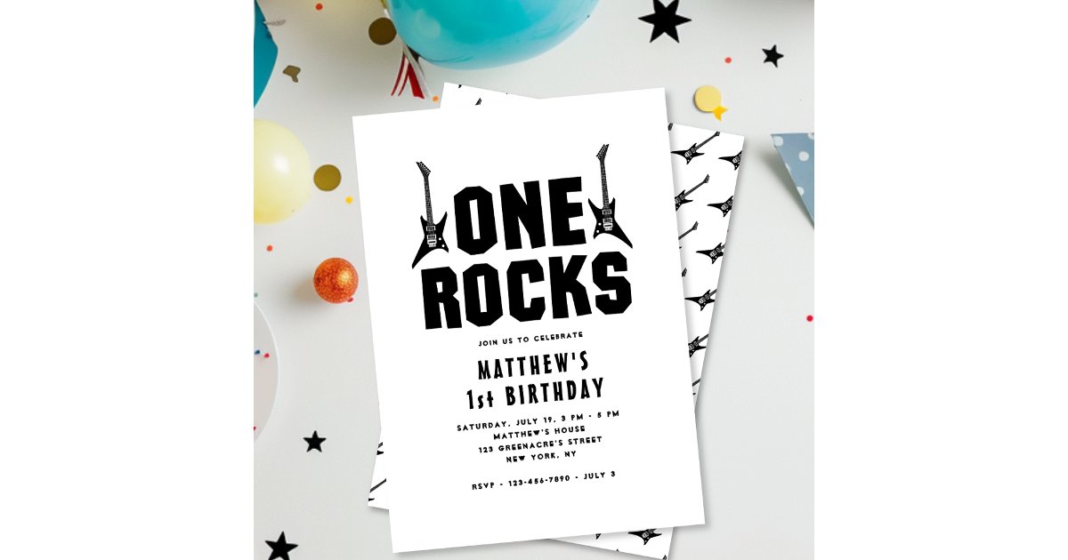 One Rocks Black and White Guitar 1st Birthday Invitation | Zazzle