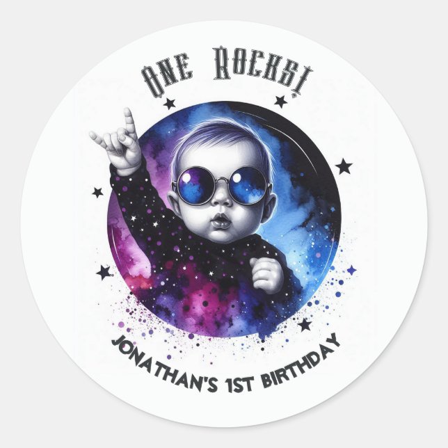 One Rocks! Custom Rock Star 1st Birthday Party Classic Round Sticker (Front)