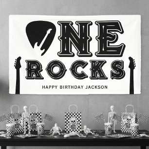 One Rocks Guitar Pick 1st Birthday Party White Banner