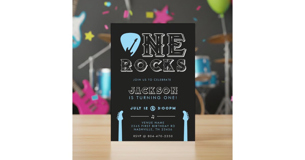 One Rocks Guitar Pick Blue 1st Birthday Party Invitation | Zazzle