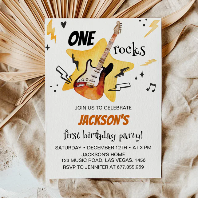 One Rocks Guitar Rock And Roll Birthday Invitation | Zazzle